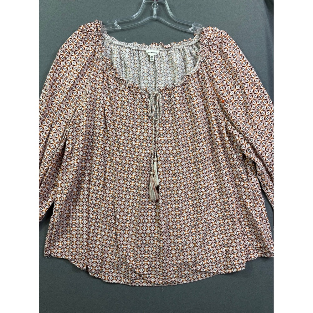 Max Studio Women Medium Geometric Floral Peasant Blouse Tassel Tie Smocked Cuff - Picture 10 of 12